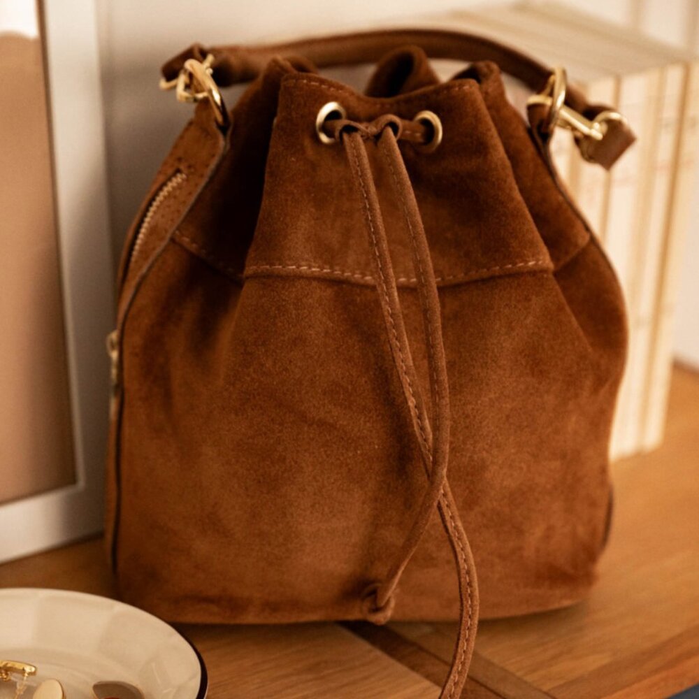 Camel Suede Top Handle/Cross Body Bucket Bag 100% Suede